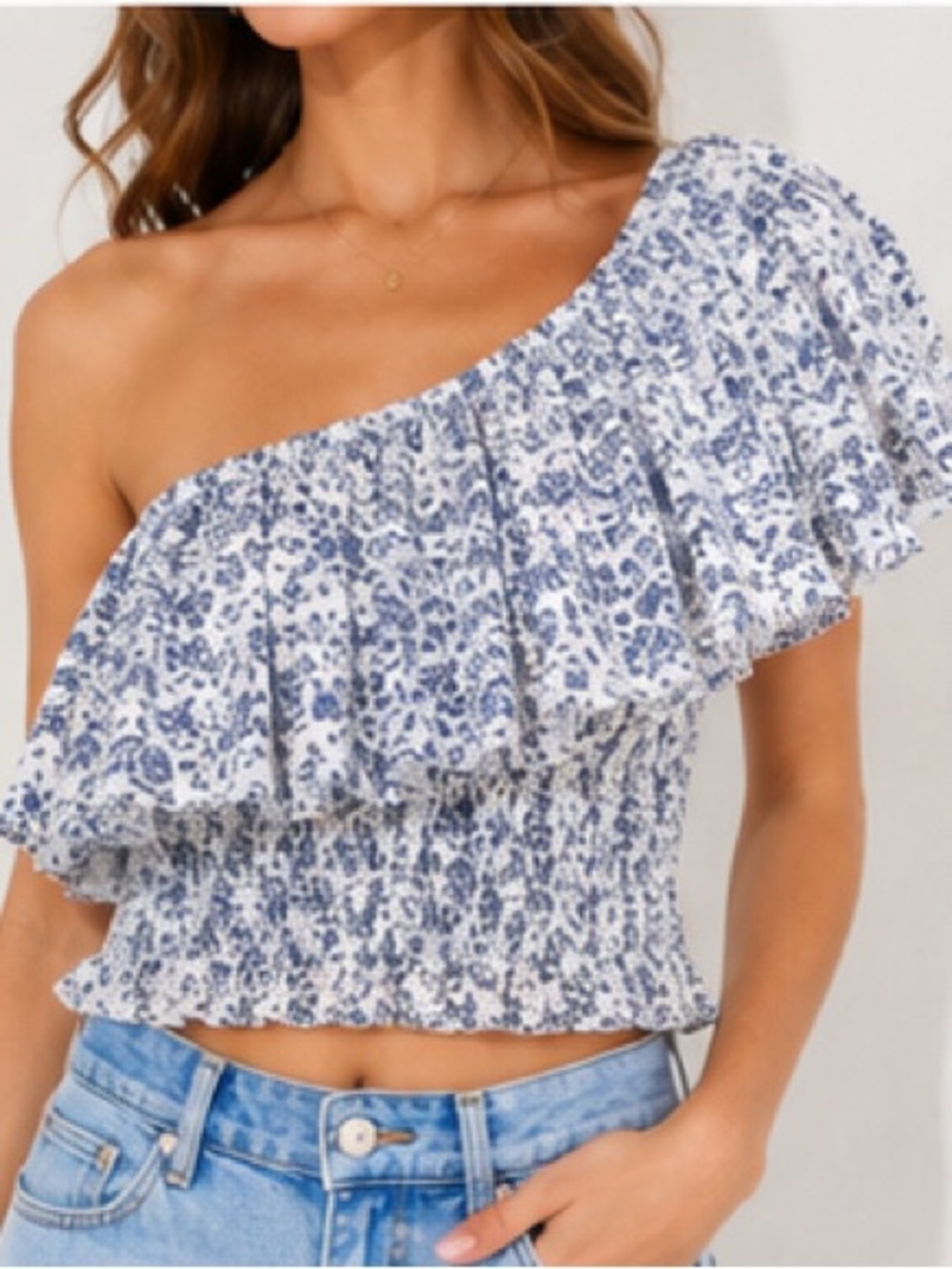 Free the Rosea - One-Shoulder Ruffle Smocked Crop Top - Blue Floral
